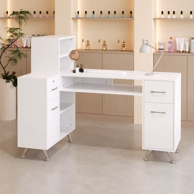 Livingandhome Professional L-Shaped Manicure Table with Wrist Cushion in White