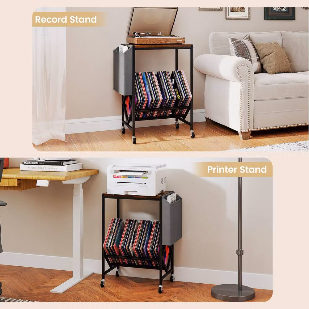 Gymax Brown Rolling Turntable Stand with Vinyl Magazine Holder and Media Compartments – 6
