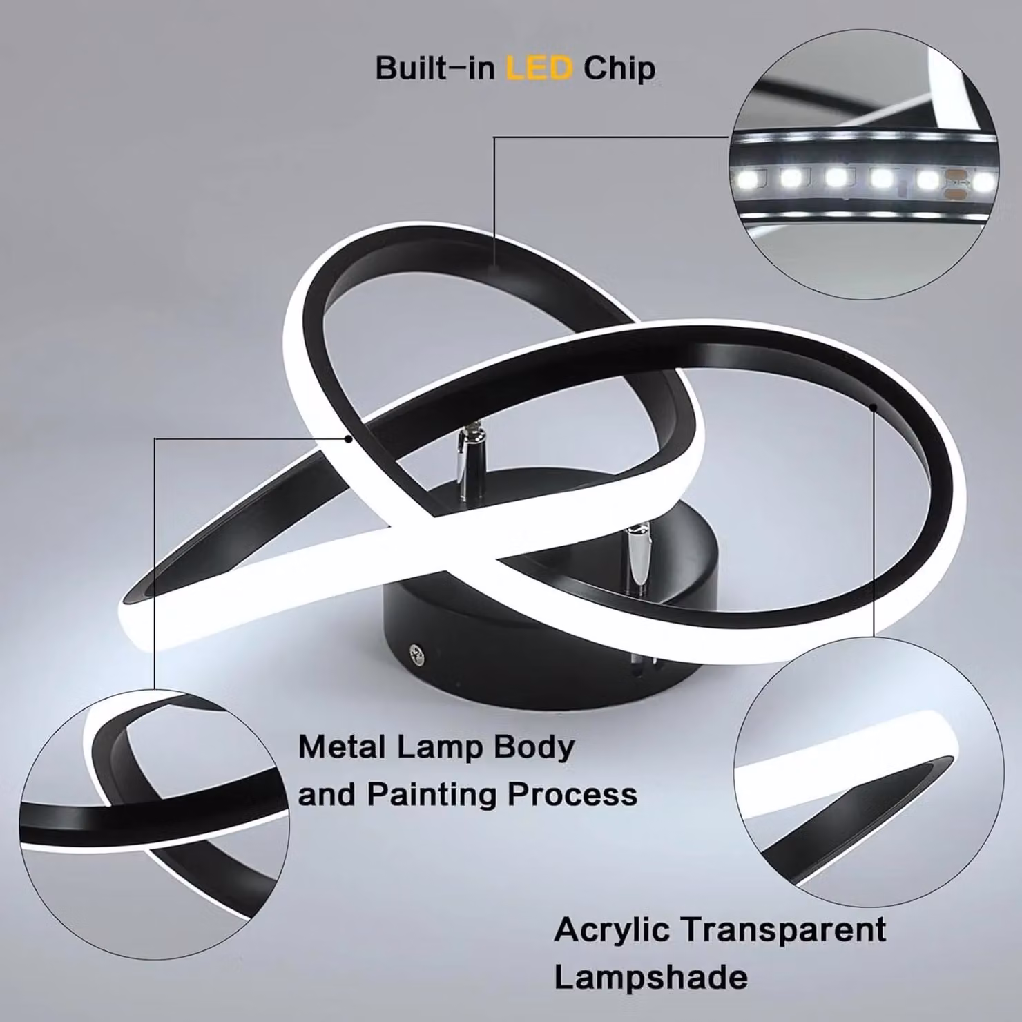 COMELY Modern LED Ring Design Ceiling Light, 30W, Black – 6