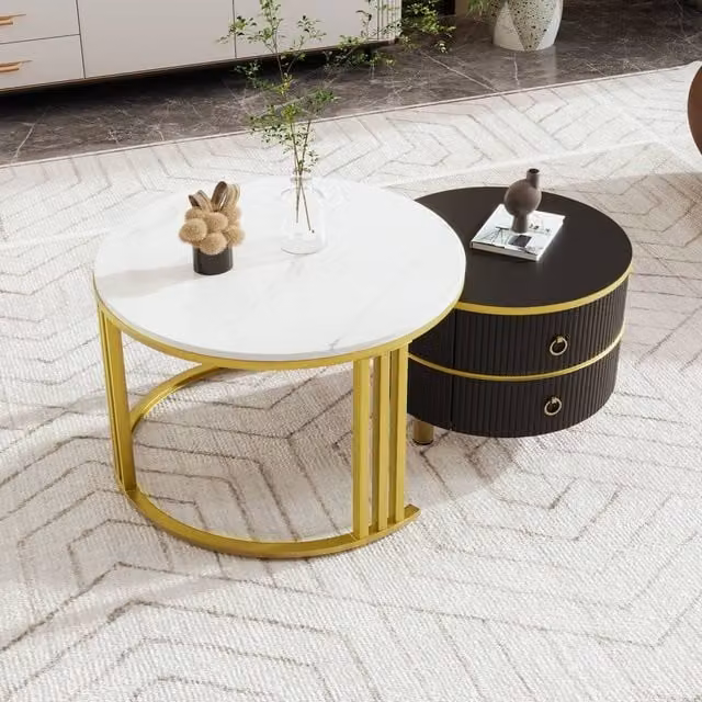 STILVORA Modern Round Coffee Table Set with 2 Drawers in White and Black – 1