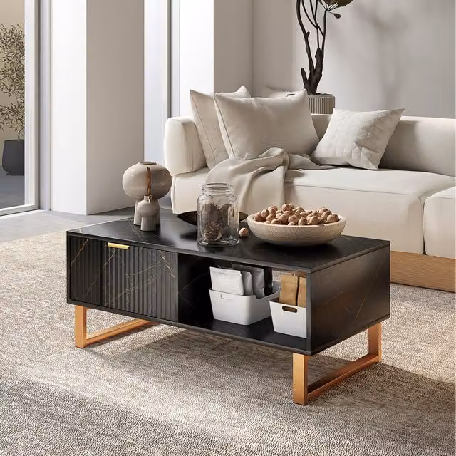 HOMCOM Modern Marble-Effect Coffee Table with Storage in Black and Gold
