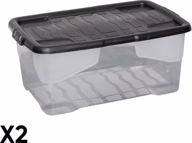 Samuel Alexander 2 x 42L Clear Plastic Storage Boxes with Black Lids, Stackable and Nestable Design – 1