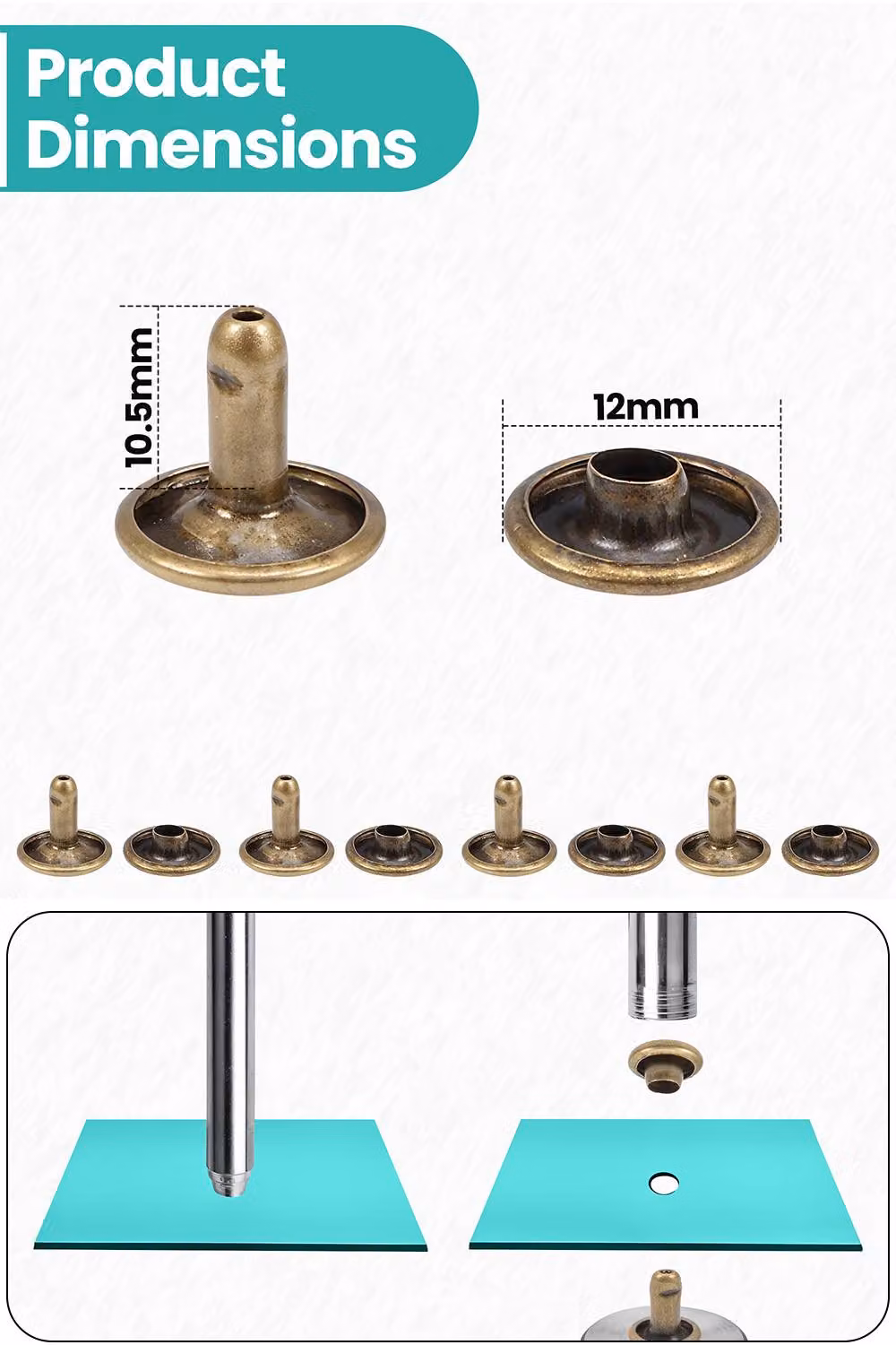 Neel Blue 12mm Double Cap Rivet Tubular Metal Studs and Leather Rivets, Bronze, 100pcs – 2