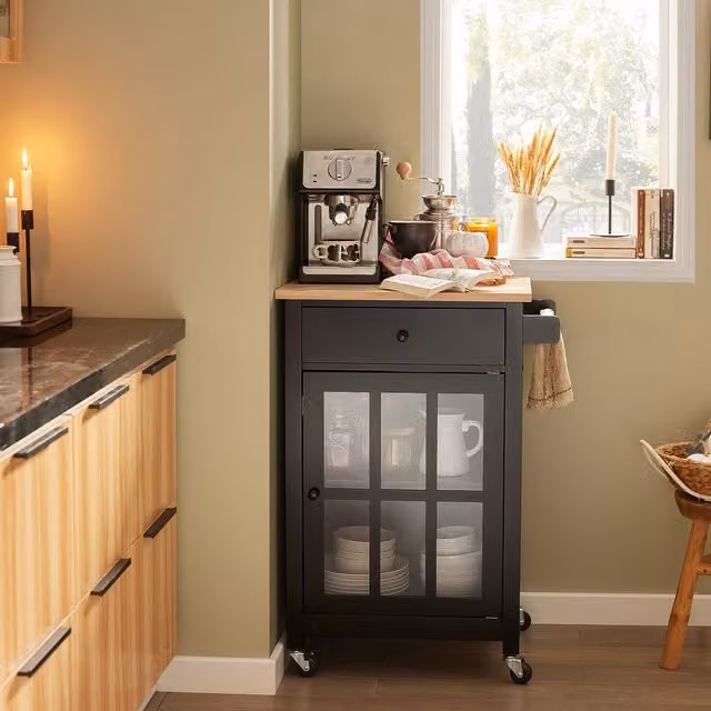 SoBuy Modern Black Serving Trolley with Rubberwood Worktop