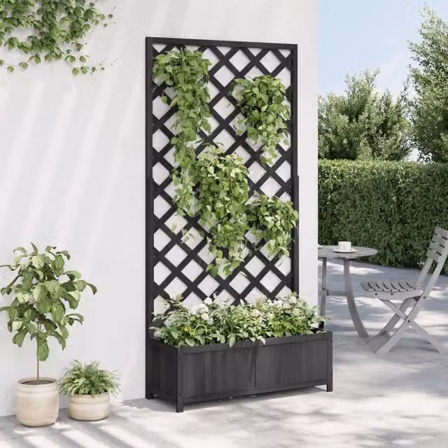 Berkfield Home Black Solid Wood Fir Planter with Trellis, H 180 x W 90 x D 35 cm – 1