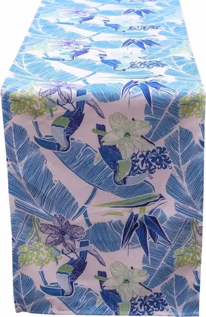 Alan Symonds Toucan Parrot Blue and Multicolour Water Repellent Outdoor Table Runner, W: 35.56 cm, L: 274.32 cm