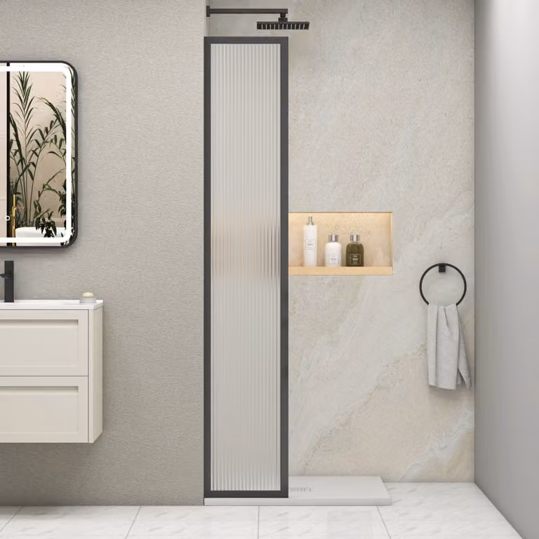 Luxor Fixed Walk-In Wet Room Fluted Shower Screen with Matt Black Frame, 8mm Easy Clean Glass, W: 30 cm, H: 195 cm, D: 30 cm