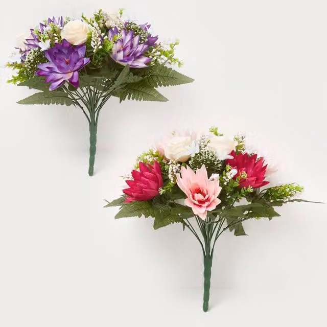 Homescapes Rose and Lotus Flower Bouquet Set of 2 in Pink, Purple and White
