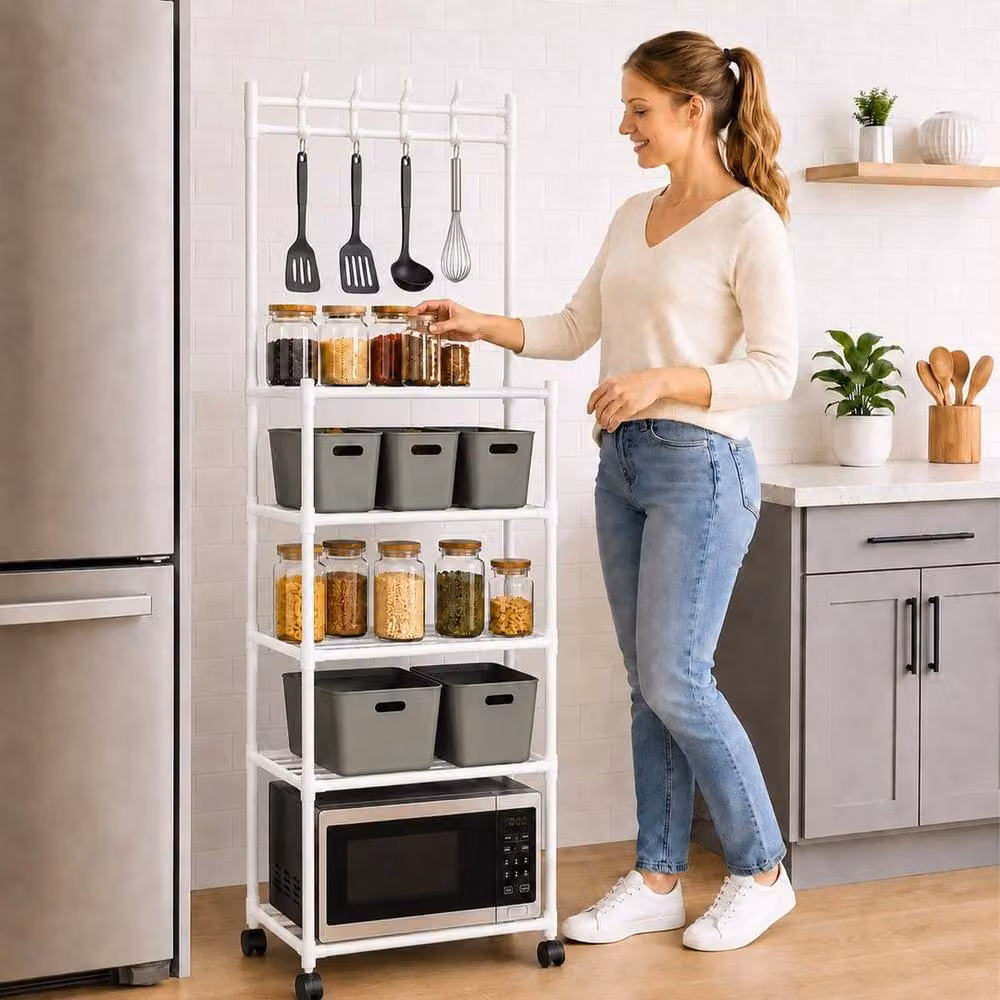 EONLION White 5 Tier Metal Shelving Unit with Wheels for Kitchen or Bathroom, Width: 50 cm – 3