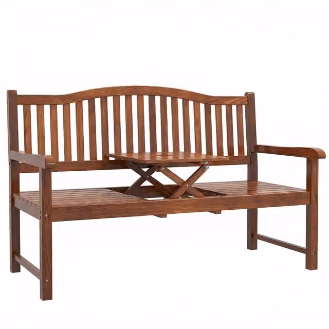 Outsunny Garden Loveseat Bench, 2-3 Seater Outdoor Wood Bench with Liftable Table and Waterproof Cover, Brown – 1