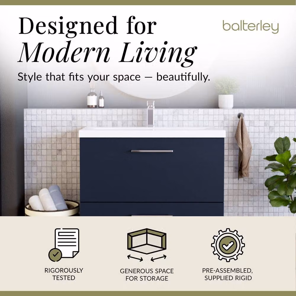 Balterley Contemporary Floor Standing 2 Soft-Close Drawer Bathroom Vanity Unit with Mid-Edge Ceramic Basin, Midnight Blue, W: 80 cm, D: 39 cm, H: 84 cm – 2