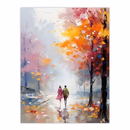 Artery8 Lovers Autumn Walk Oil Painting Poster Print in Orange, Pink and Blue, W/H: 46 x 61 cm – 1