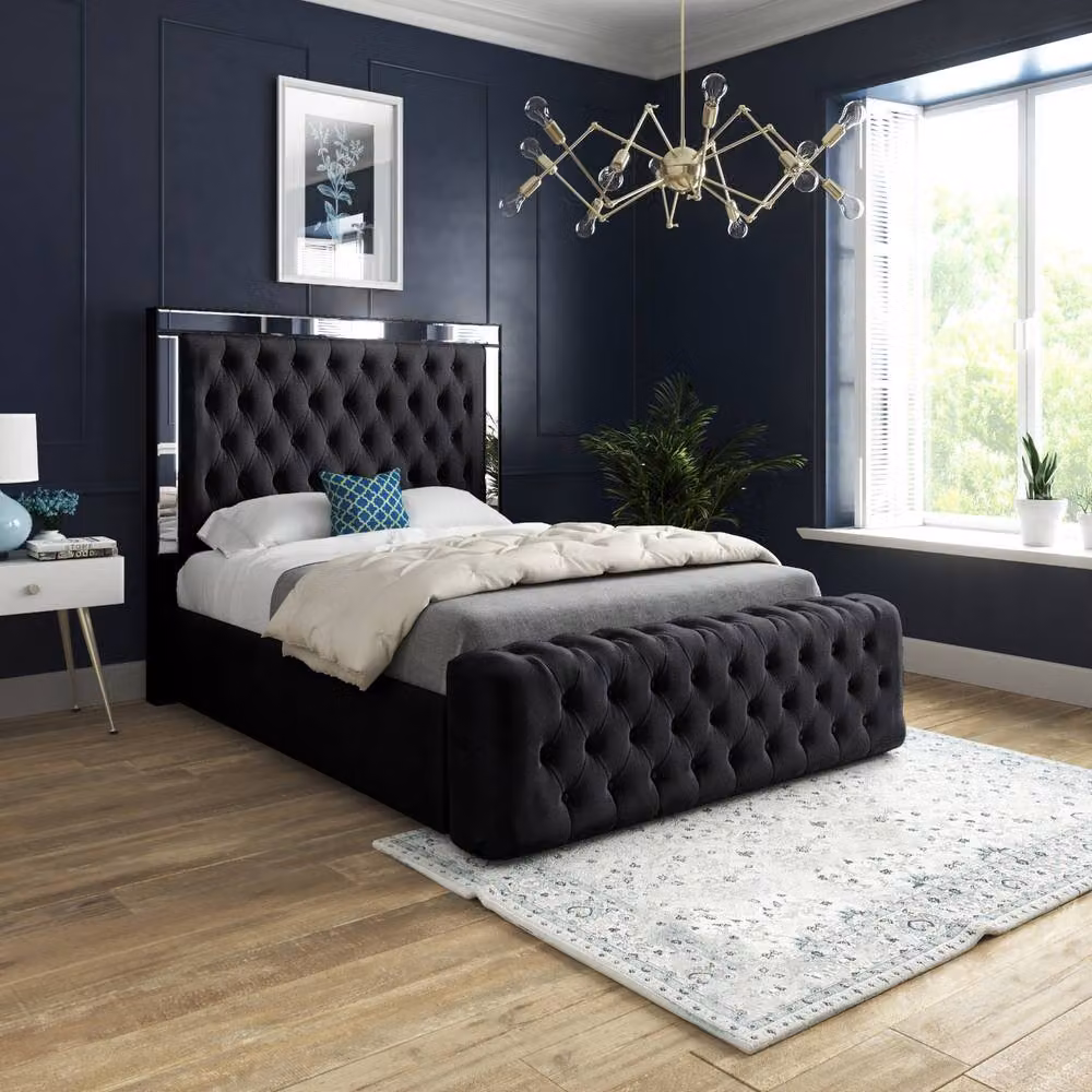 Casani Loweswater Mirror Upholstered Designer Bed Frame in Black Soft Velvet, Small Single – 2