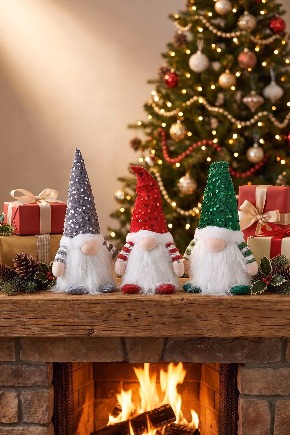 Living and Home 3-Pack Multicolour Textile Tabletop Christmas Gnome Lighting Decorations – 2