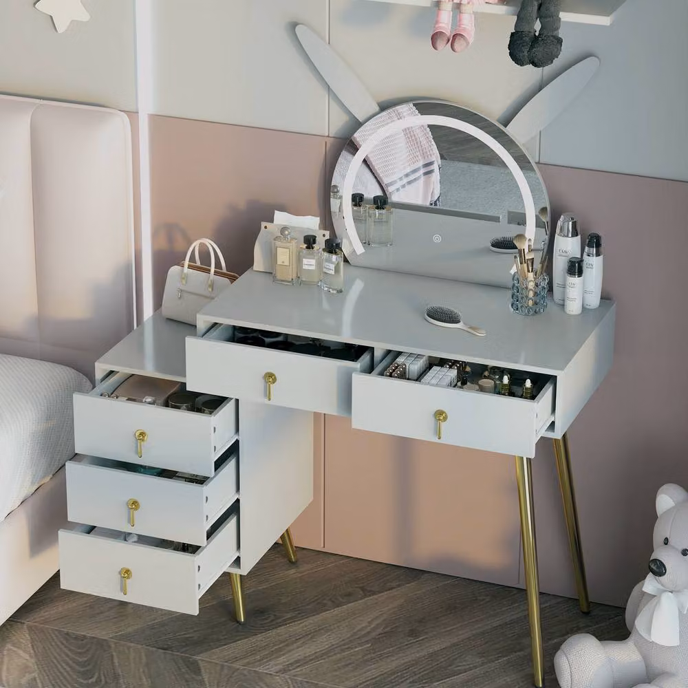 KEEPREAPER Modern Grey Dressing Table with LED Mirror and 5 Drawers featuring Metal Legs – 3