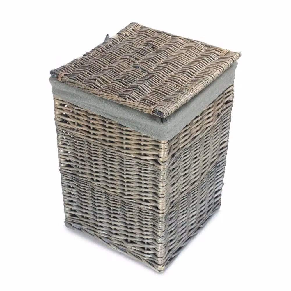 Red Hamper Small Antique Wash Square Wicker Laundry Basket with Grey Sage Lining and Handles – 2