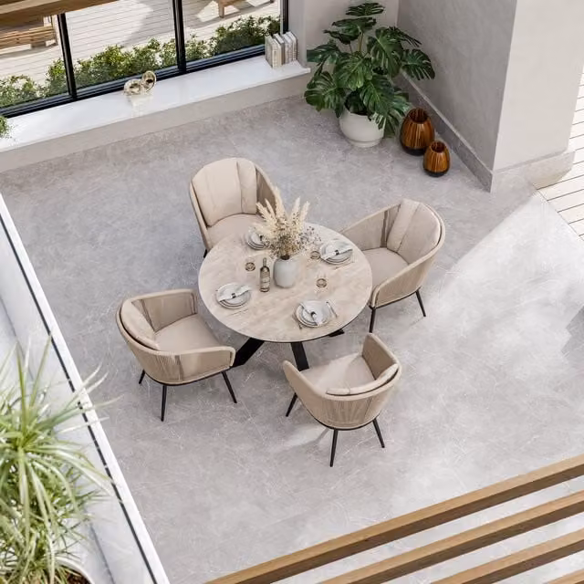 Royalcraft Bali 4 Seater Round Ceramic Glass Dining Set in Black, Sand and Beige