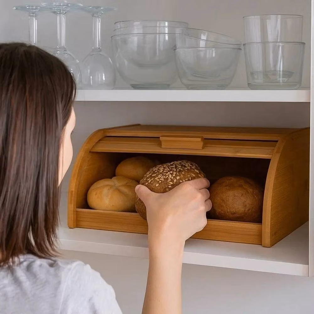 SPETLEK Natural Bamboo Wooden Bread Bin and Loaf Storage Box in Brown and Beige – 2