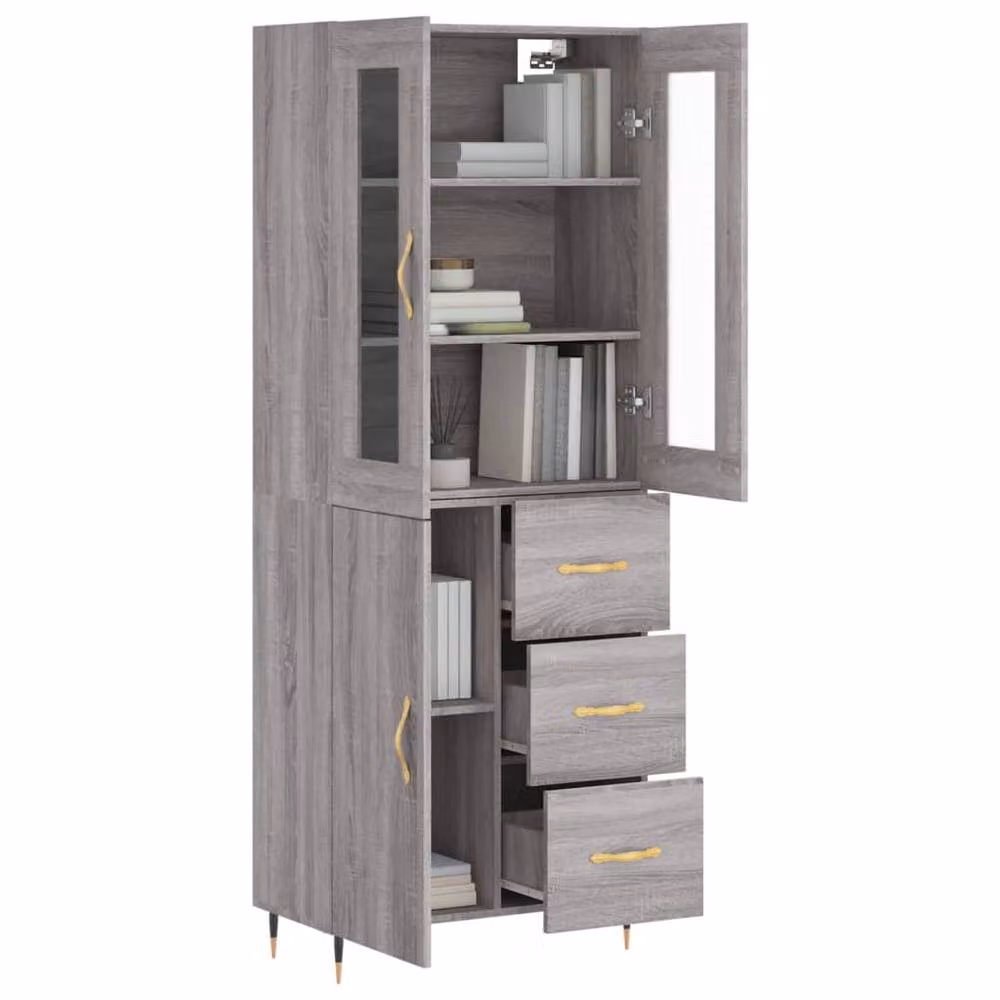 Berkfield Home Grey Sonoma Modern Highboard with Glass Doors and Internal Shelves, W/D/H: 69.5 x 34 x 180 cm – 3