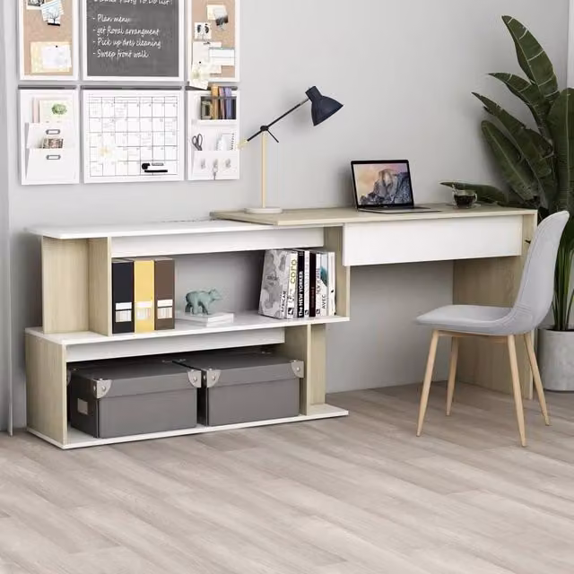 Berkfield Home Corner Desk in White and Sonoma Oak, W/D/H: 200 x 50 x 76 cm
