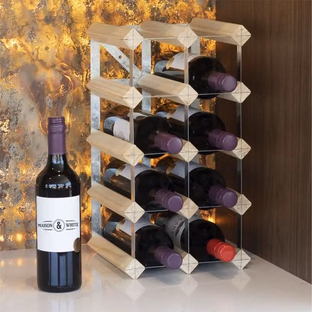 Maison and White Industrial Wood and Metal Wall Mounted Wine Rack in Brown