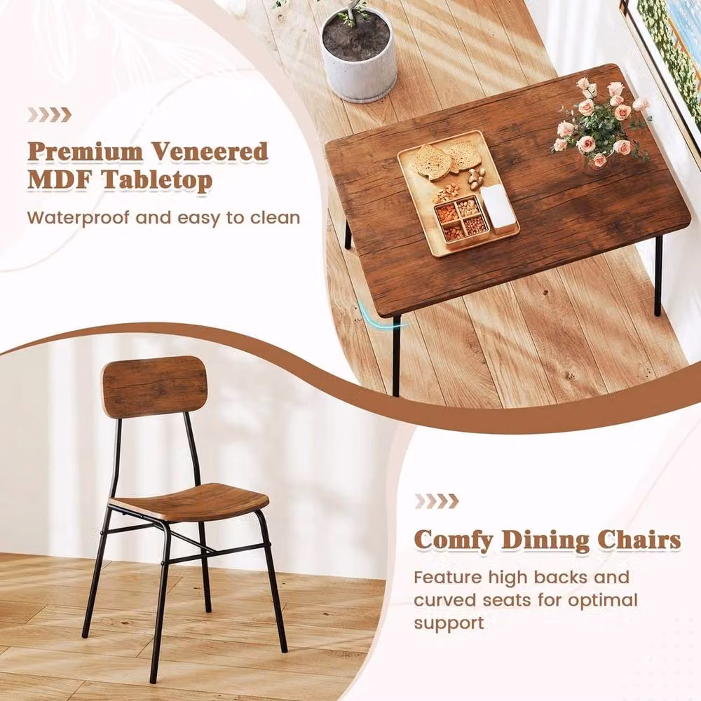VOGREX Brown 4-Seater Industrial Dining Set with Rectangular Table, Bench and Chairs – 4