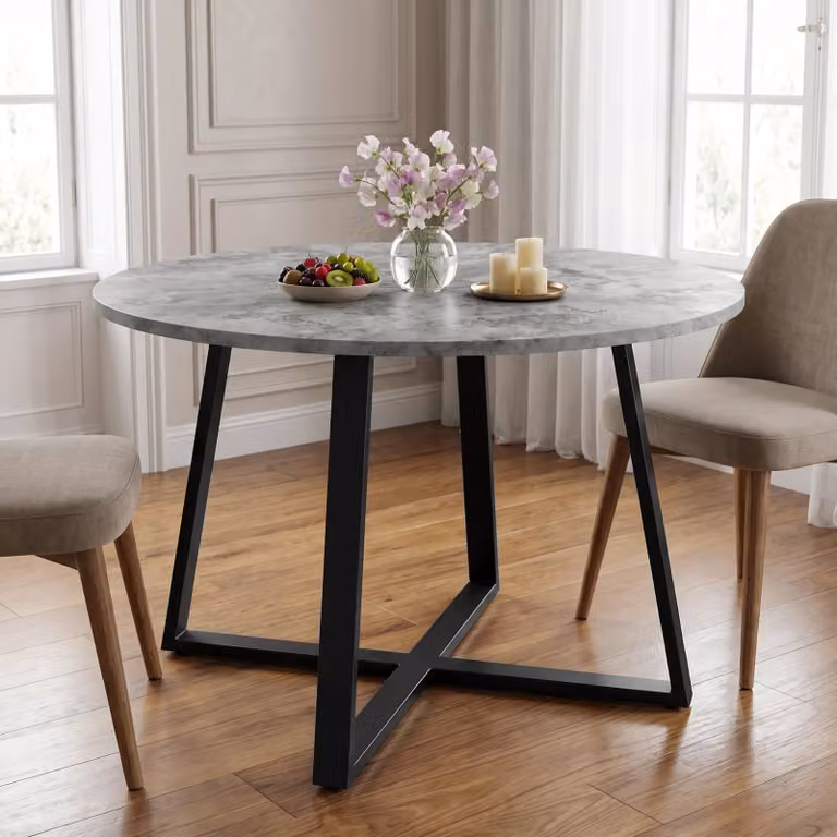Round Concrete Effect Wood Dining Table with Black X-Frame Legs, Diameter: 110 cm, Height: 75 cm