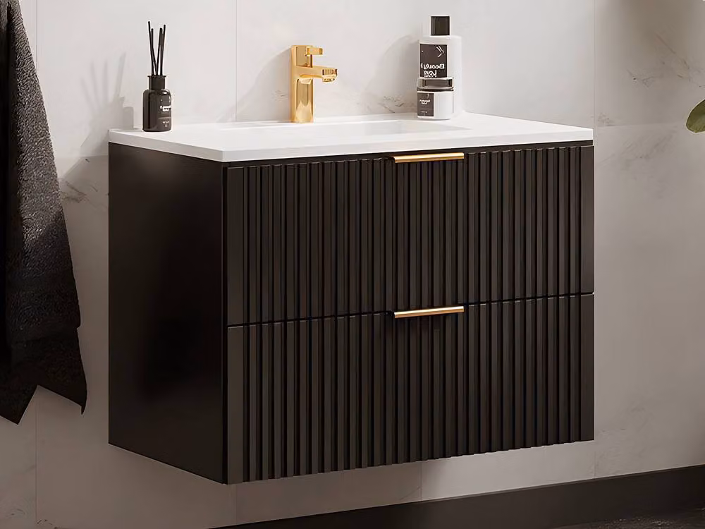 Vente-unique Ribbed Suspended Bathroom Unit with Built-In Washbasin, Black, W: 80 cm, D: 46 cm, H: 57 cm – 3