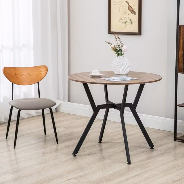 HOMCOM Industrial Round Dining Table with Wood Top and Steel Legs in Brown and Black – 1