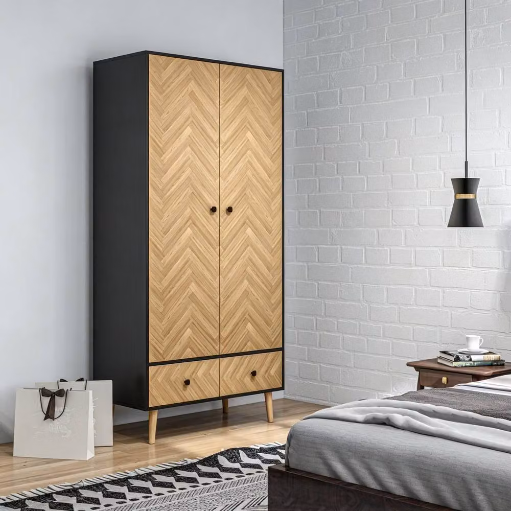 STILVORA Modern Pine Wardrobe with 2 Drawers, Internal Shelves and Hanging Rod in Natural Brown – 3