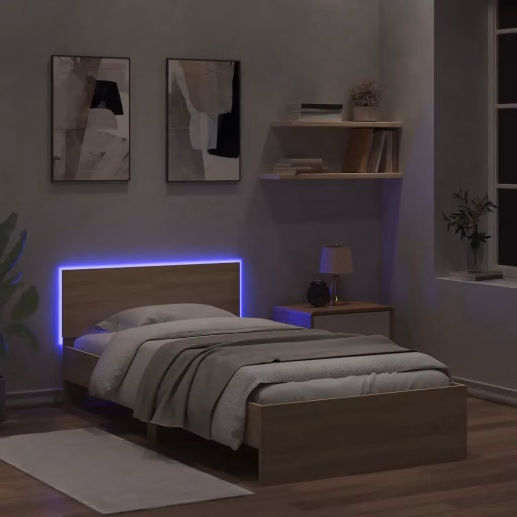 Berkfield Home Sonoma Oak Bed Frame with LED Lights and USB Charging Port, Brown, W: 100 cm, D: 200 cm – 2