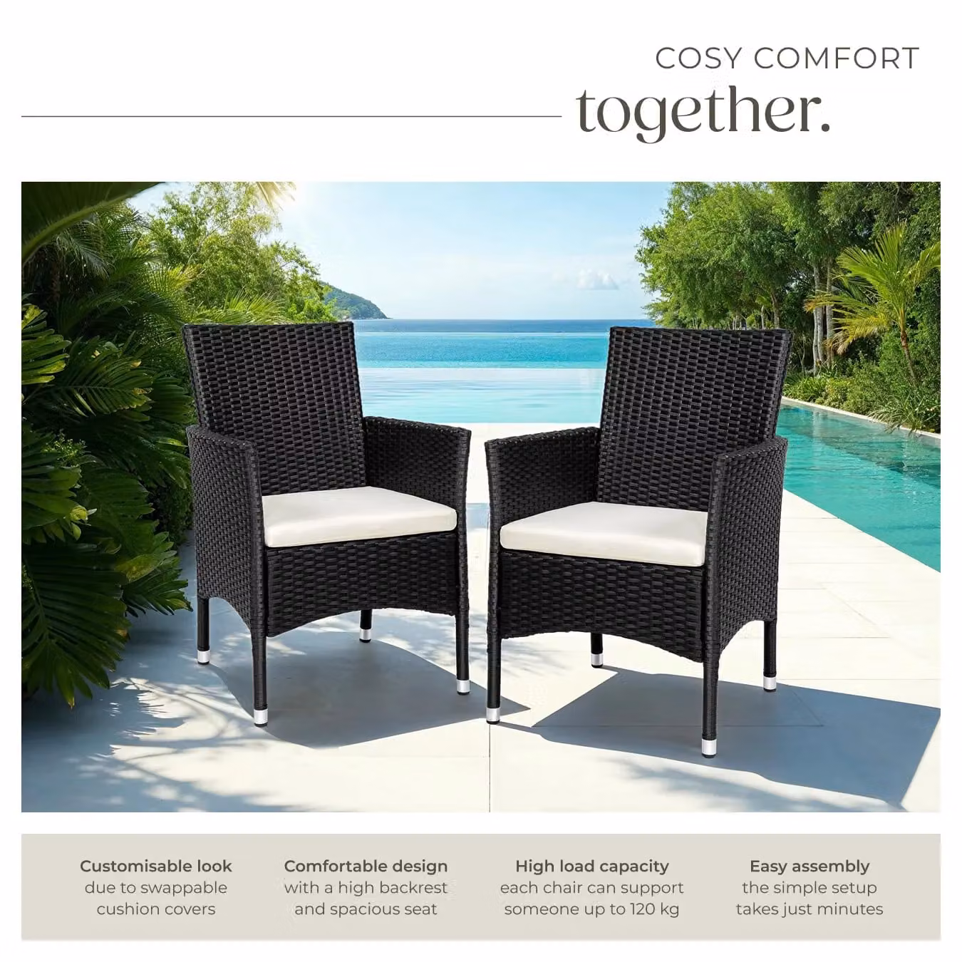 tectake Nantes Set of 2 Modern Rattan Garden Chairs in Black and Beige – 5