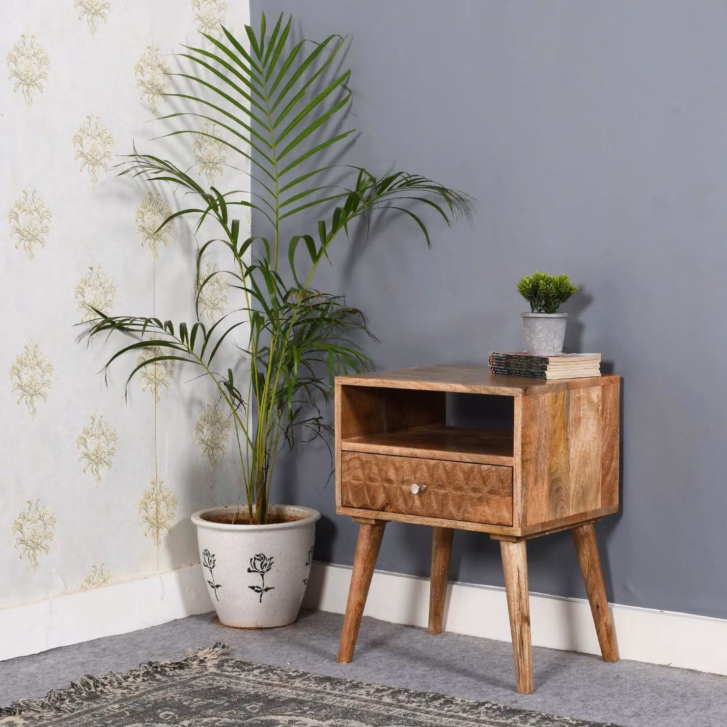 IH Design Ryley Mango Wood Bedside Table in Natural with 1 Drawer and Open Slot, W/D/H: 45 x 35 x 58 cm – 2