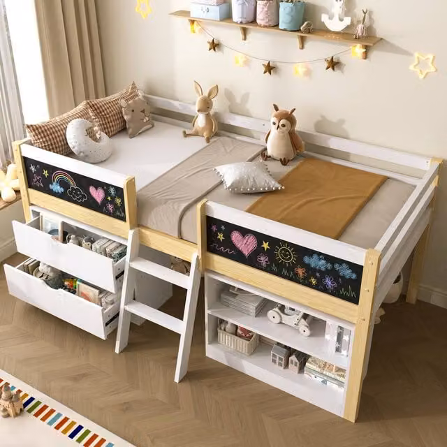 BTM Single Low Loft Bed with Blackboard and Storage Drawers in White
