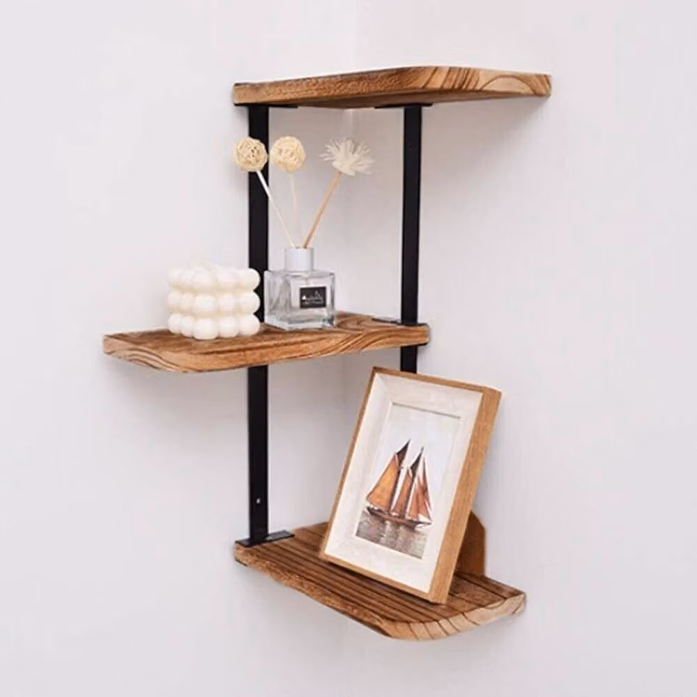 KORVIXA Rustic Brown Wood and Metal Wall Mounted Corner Display Shelf – 3