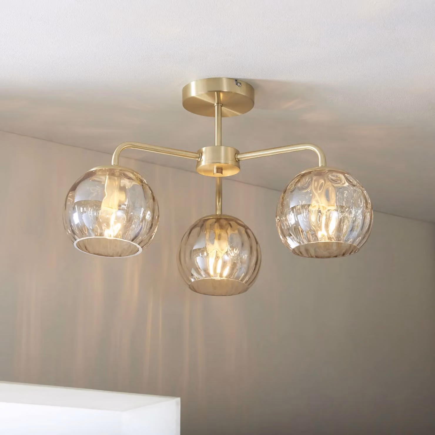 Loops Semi Flush Ceiling Light in Gold/Brass with Transparent Glass, 3 x E14 – 2