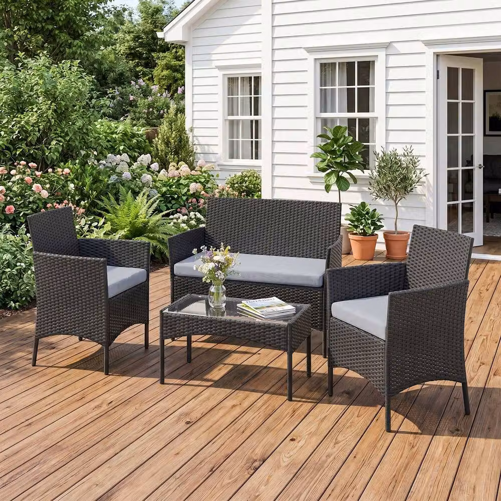 Outsunny 4 Piece Rattan Garden Furniture Set with Cushions in Black and Grey – 9