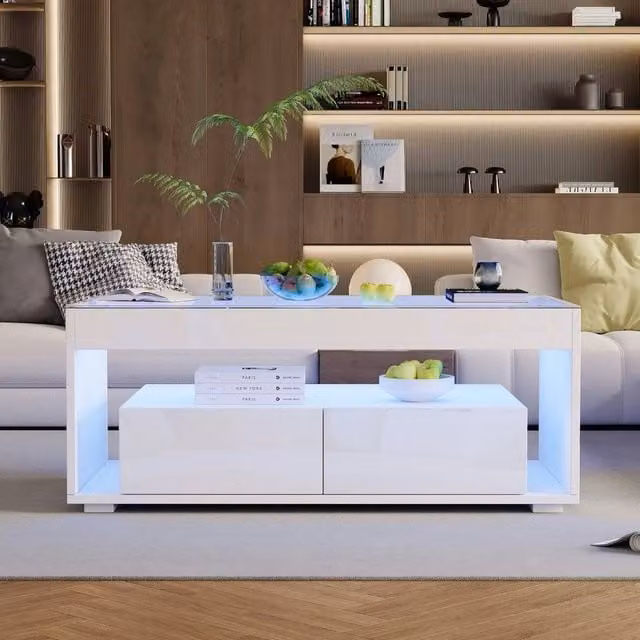 VOGREX White Glossy Coffee Table with LED Lights, Glass Top and 2 Storage Drawers, W: 100 cm, D: 50 cm, H: 40 cm