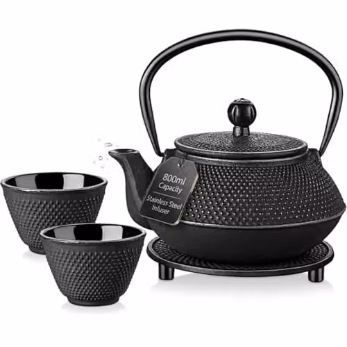 Gr8 Home 5 in 1 Cast Iron Japanese Style Teapot Set with Infuser, Cups and Trivet, Black, 800ml – 1