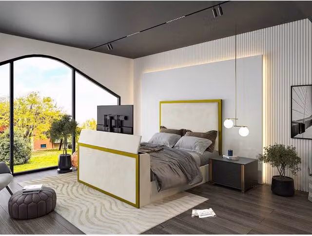 KDMD Madrid Upholstered Electric Media TV Bed Frame in Gold and White, Double Size