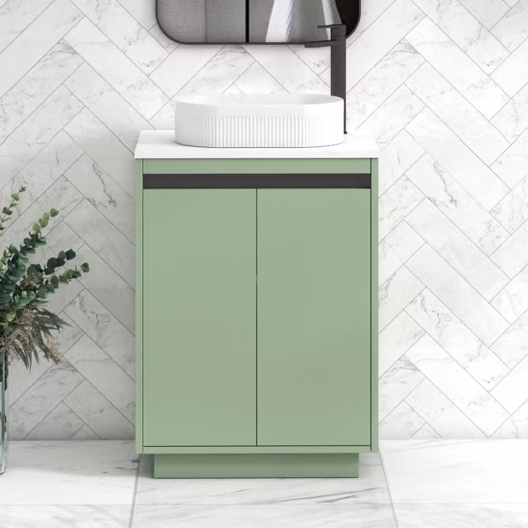 Royal Bathrooms Orion 600mm Mint Sage Floor Standing 2 Door Vanity Unit with Lyon Basin and Black Accent Trim