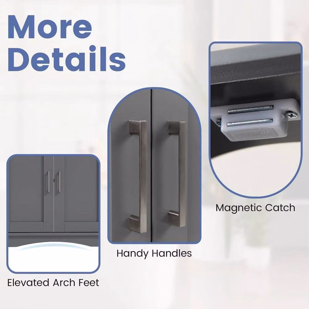 EONLION Grey Matt Modern Freestanding Bathroom Pedestal Sink Cabinet with Hinged Doors and Internal Shelves, Width: 60 cm – 3