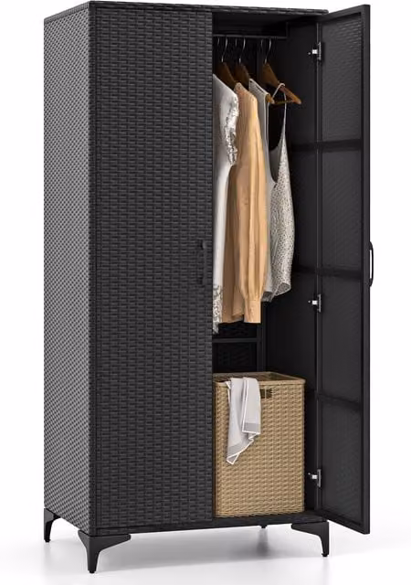 Costway Modern Black Rattan Wicker Wardrobe with Hinged Doors and Hanging Rod