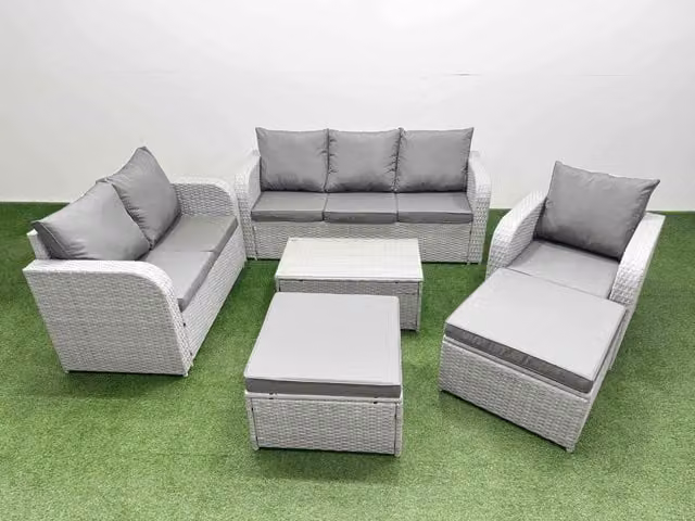 Fimous Patio 8 Seater Grey PE Wicker Rattan Outdoor Furniture Set with L-Shape Sofa, 3 Seater Sofa, Loveseat, Reclining Chairs, Ottoman and Rectangular Coffee Table