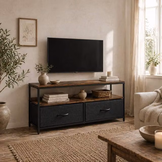 Wyld Haus Lelo Industrial TV Stand in Rustic Brown and Black with 2 Fabric Drawers, W: 98 cm, H: 56 cm, D: 29 cm