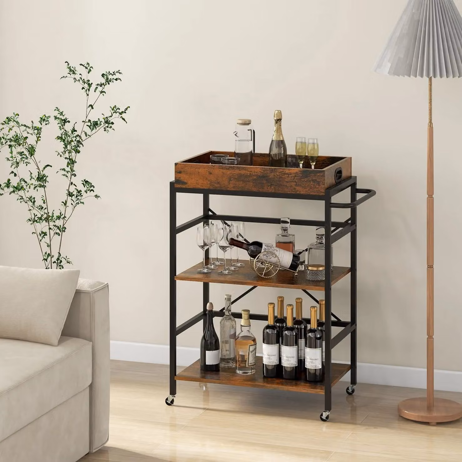 Gymax 3-Tier Industrial Metal Bar and Kitchen Serving Cart with Detachable Tray in Brown – 4