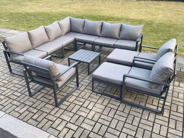 Fimous Modern L-Shape Outdoor Garden Furniture Set in Dark Grey with Powder Coated Aluminium Frame, Corner Sofa, Coffee Table and 2 Ottomans
