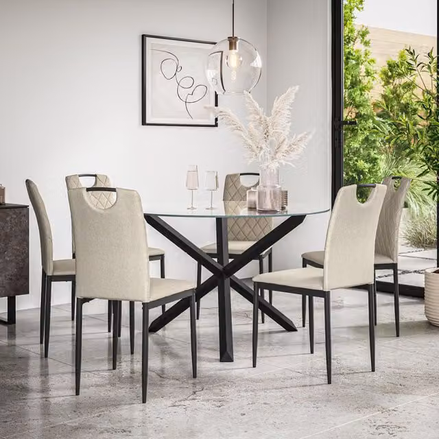 More4Homes Malvern Round Dining Table and 6 Monza Fabric Chairs Set, Clear Glass Top with Solid Oak Black Legs and Beige Chairs