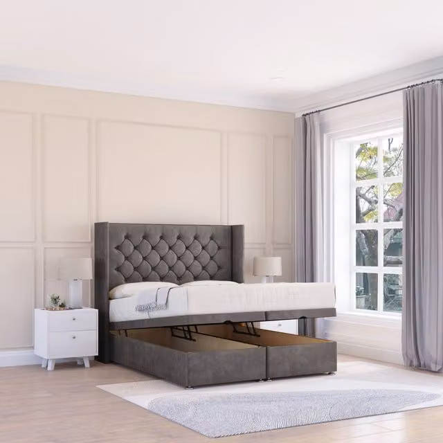 Sloomy Dior Naples Grey Fabric Upholstered Super King Ottoman Bed with Lift Up Base, Hybrid Memory Mattress and Winged Floorstanding Headboard, W/D/H: 200 x 200 cm