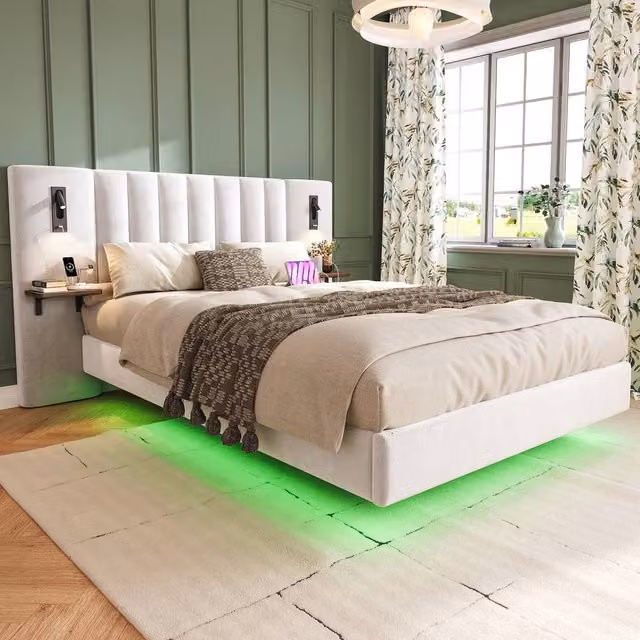 BTM White Velvet Double Bed with USB Charging, Storage Headboard and Bedside Lamps, W/D/H: 140 x 200 cm